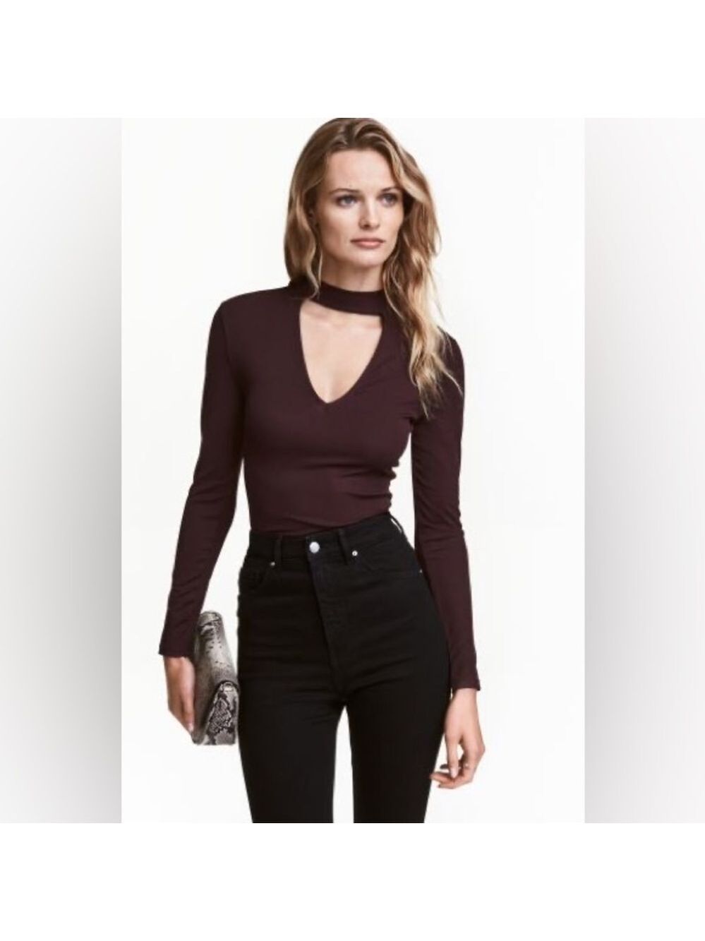 H&m plum purple ribbed V- neck turtleneck long sleeve top Sz M